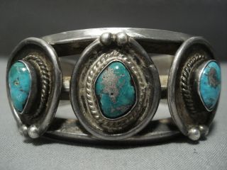 THICK AND HEAVY VINTAGE NAVAJO BLUE GEM TURQUOISE STERLING SILVER BRACELET OLD 2