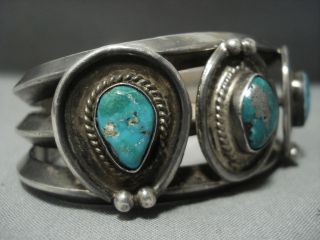 THICK AND HEAVY VINTAGE NAVAJO BLUE GEM TURQUOISE STERLING SILVER BRACELET OLD 3