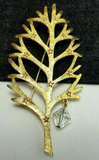Vintage Gold Mylu Modernist Christmas Tree Partridge Ab Crystal Brooch Pin Rare