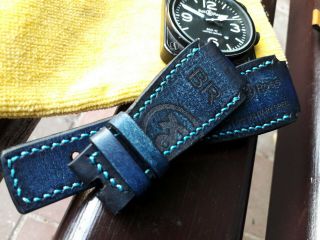 24mm Vintage Handmade Leather Watch Strap,  Army,  Bell & Ross Logo,  Denim Blue