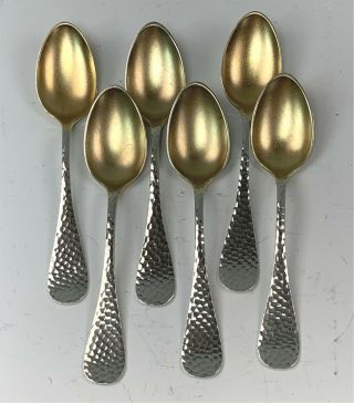 Set 6 Sterling Silver Demitasse Spoons,  Pebble Finish Stems,  Vermeil Bowls