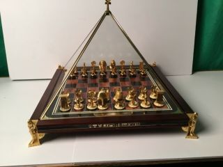 Rare Franklin King Tut Egyptian 24k Gold Plated Chess Set W/ Glass Top