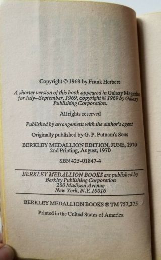 SIGNED Vintage DUNE MESSIAH FRANK HERBERT (Dune) Berkeley Medallion 1970 (kk) 3