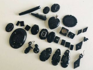 Antique Victorian Whitby Jet Carved Jewellery Joblot