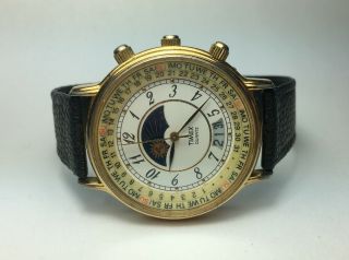 Rare Timex Moon Phase Perpetual Calendar Watch Vintage Date Gold Tone Batt. 5