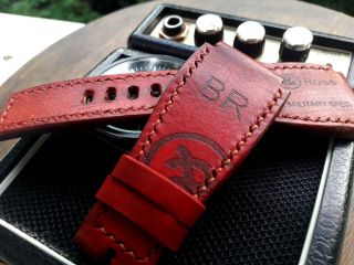 24mm Vintage Handmade Leather Watch Strap,  Army,  Bell & Ross Logo,  Red