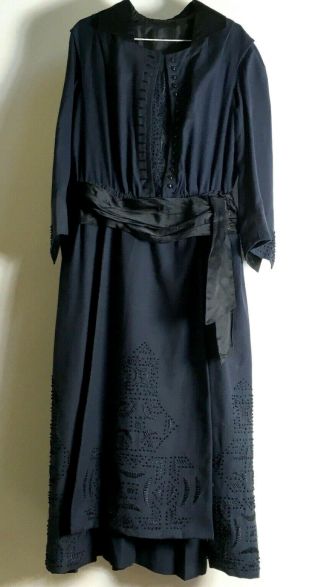 Antique Art Deco NAVY BLUE DRESS Embroidered Panels Intricate - clothing outfit 2