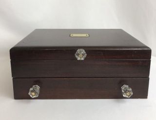 Vtg Wood Silverware Storage Chest Box With Crystal Knobs,  Drawer,  Dark Walnut