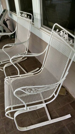 Pair Vintage Wrought Iron Outdoor Patio Deck Spring Chairs White Shabby Excellen