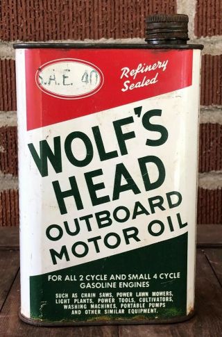 Vtg Wolf’s Head Outboard Motor Oil 1 Qt Quart Oil Can Early Logo Gas & Oil