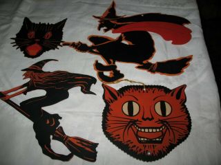 Vintage Halloween Paper Cat Faces,  Flying Witches