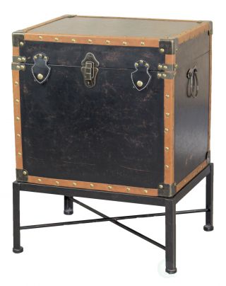Faux Leather Trimmed Square Storage Trunk,  End Table On Metal Stand
