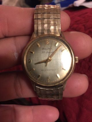 Vintage Bulova 10k Gold Plated Bezel 30 Jewels Leather Self Winding Men 