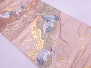 4213498: Japanese Kimono / Vintage Fukuro Obi / Woven Stream & Cranes