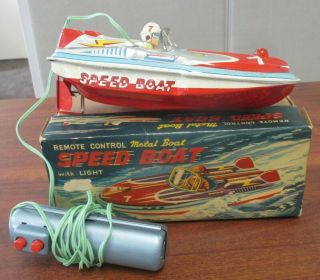 Rare Vintage Tin Litho Remote Control Speed Boat With Light Toy Orig Box