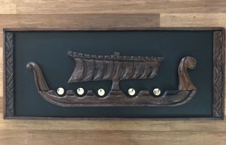 Rare Mid Century Modern Witco Viking Ship Wood Wall Art Gold Shields Black Htf