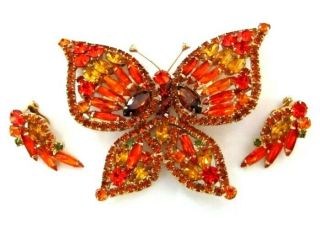 Large Vintage Juliana Orange Topaz Rhinestone Butterfly Brooch Pin Clip Earrings