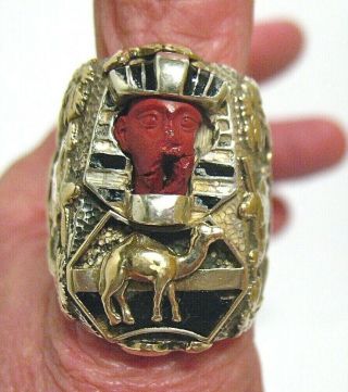 Sterling Silver Enamel Cinnabar Vintage Ring Egyptian Scene Size 9.  75 41.  6 Gms
