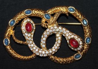 Vintage Kenneth J Lane Kjl For Avon Double Snake Serpent Rhinestones Pin Brooch