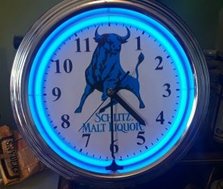 Schlitz Beer Clock Lighted Neo - Neon Beer Sign Vintage Malt Liquor Bull