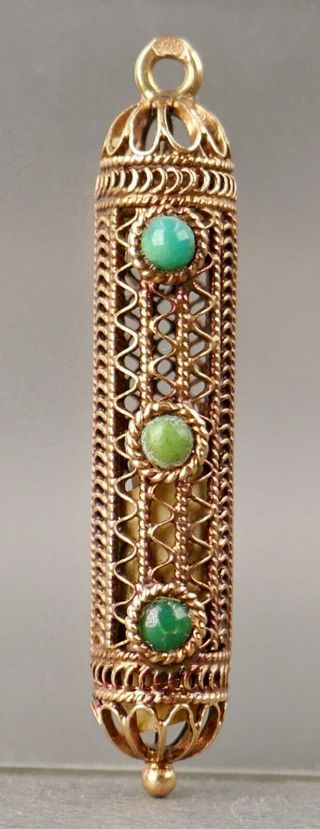 Fine Antique 14k Rose Gold Filigree Turquoise Judaica Mezuzah Necklace Pendant