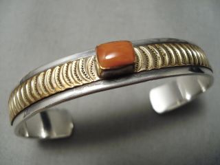 Striking Vintage Navajo Squared Coral Sterling Silver Gold Bracelet