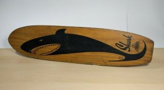 Vintage 1960s Nash Sidewalk Surfboard Wood Skateboard With Black Shark Graphics