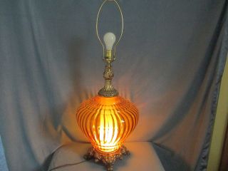 Vintage Hollywood Regency Large Table Lamp Ribbed Amber Glass 35 " Tall