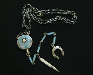 Vintage Enamel Star Crescent Moon Mini Pocket Knife & Horseshoe Lariat Necklace