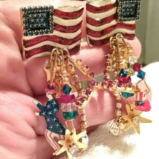 Lunch At The Ritz Earrings Clip On Long Full Fun 4th Of July American Flag