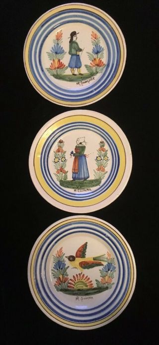 Vintage,  Henroit Quimper - Set Of 3 - 9” Figural Plates - All Signed Front Of Plates