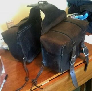 Vintage Master Motorcycle Thick Leather Throwover Saddlebags W/ Tie Down Straps