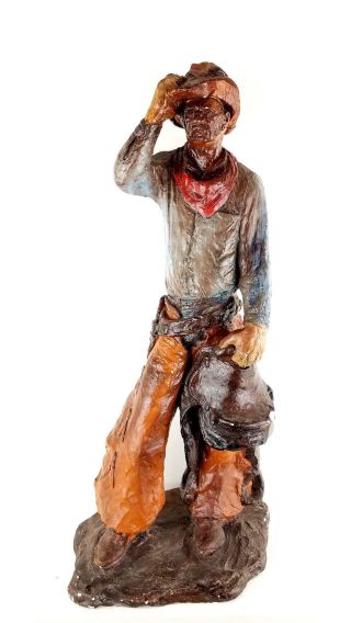 Vintage Cowboy Statue Figurine Plaster Western Saddle Looking Hoss Rustic 21 "