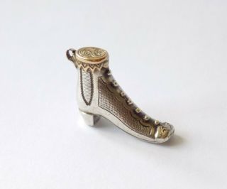 Antique Victorian Silver Plated Miniature Boot,  Shoe,  Charm Fob.  Gold Metal Top.
