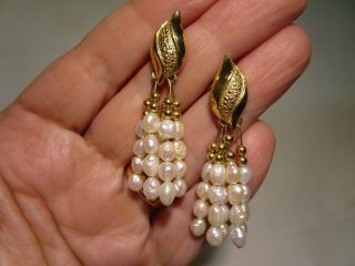 Gorgeous Estate Vtg 14k Gold Fresh Water Pearl 2 " Dangle Stud Earrings