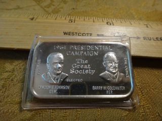 Vintage Presidential Campaign Johnson Goldwater 1 Ounce.  999 Fine Silver Art Bar