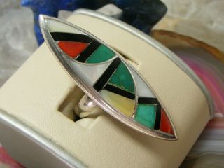 Vintage Zuni Signed Frank Vacit Turquoise Coral Inlay Ring S 6.  5 Sterling Silver