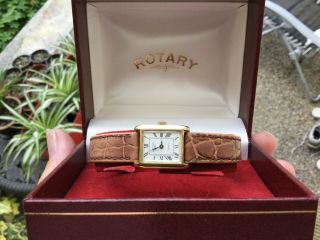 Vintage 9ct Solid Gold Ladies Rotary Tank Watch Box & Papers