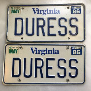 Vintage Virginia Personalized Vanity License Plates " Duress "