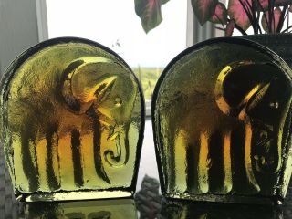 Vintage Blenko Glass Elephant Bookends Pair by Joel Phillip Myers Mcm 3