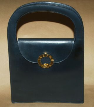 CÉline Vintage Gold - Tone Circle Logo Bag Purse Italy Black Leather 1 Day