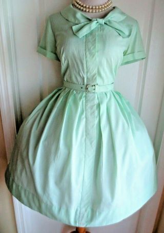 Vintage 50s Green Gingham Tie Full Skirt Dress Matching Belt Larger Size