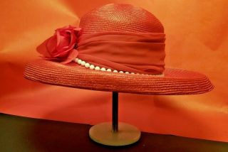 Pristine Vintage Kathy Jeanne Red Hat W/ Faux Pearls & Red Feather Plus Hat Box