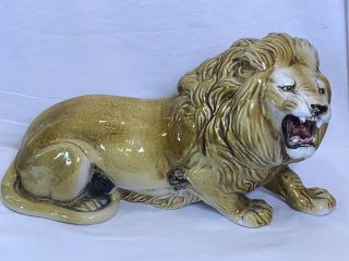 Vintage Glazed Chalkware Ceramic Lion Statue Figure Made In Italy