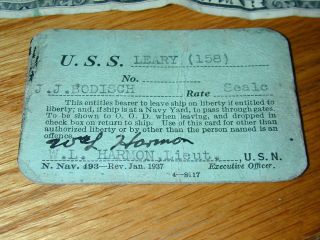 Pre Wwii Us Navy Liberty Card Pass Uss Leary Dd - 158 Sunk By U - Boat Tally