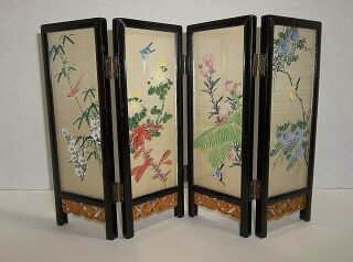 Vintage Chinese Screen 4 Panel Silk Paintings Birds Gardens