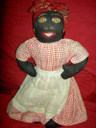 Charming,  14 " Vintage,  Black Cloth Folk Art,  Americana Doll W/painted Features