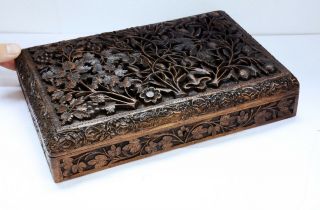 Gorgeous Vintage Deep Hand Carved Wooden Box With Foliage Design On Hinged Lid