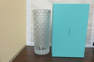 Vtg Tiffany & Co Basket Weave 12 " Tall Vase Round Cylinder Crystal W/ Box