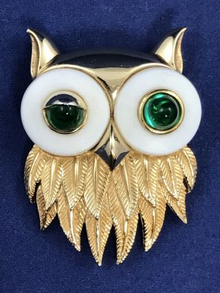 Vintage Marcel Boucher Gold Tone Winking Owl Green Eyes Brooch - Number 9058p